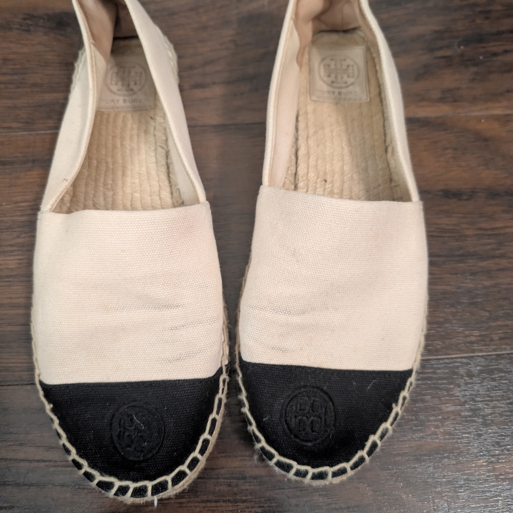 Tory Burch Cream and Black Espadrille Flats
